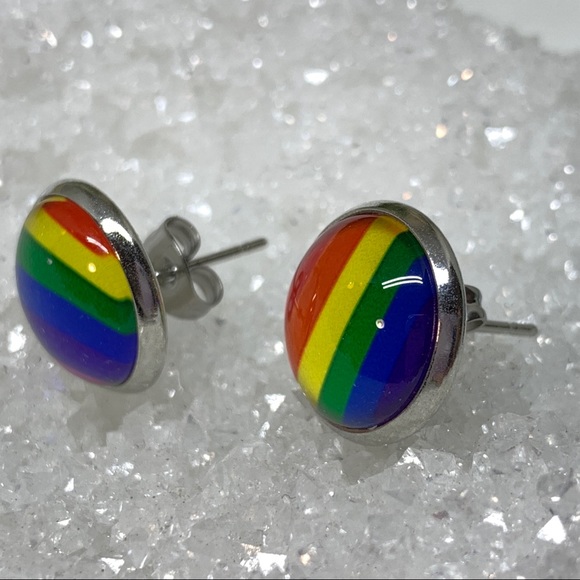 LGBT Rainbow Glass Cabochon Stud Earrings - Picture 8 of 8